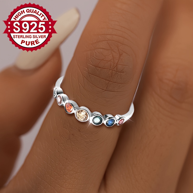 Women's S925 Silver Rainbow Synthetic Zirconia Open Ring, Elegant